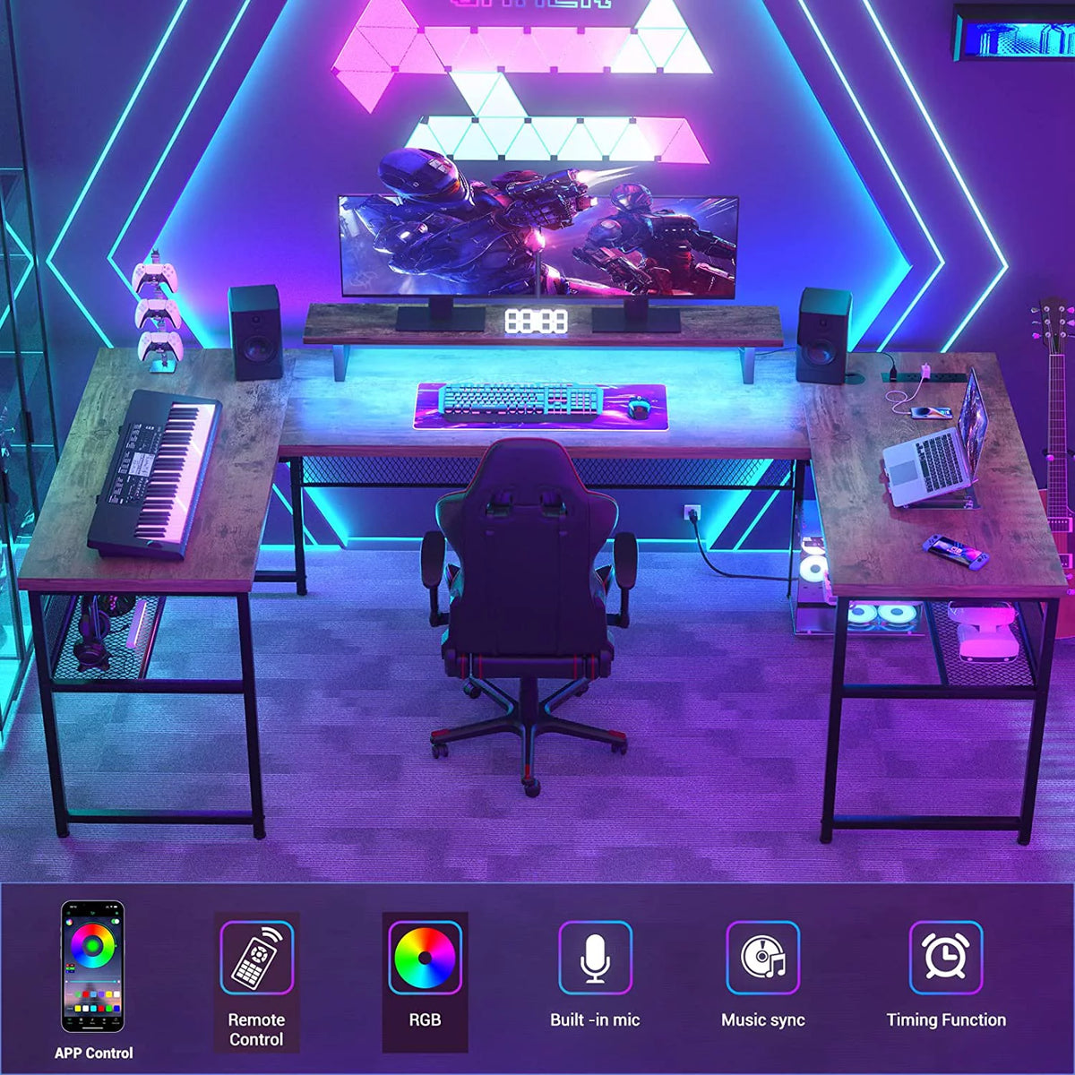 U Shaped Computer Desk with Power Outlet and LED Strip V13729
