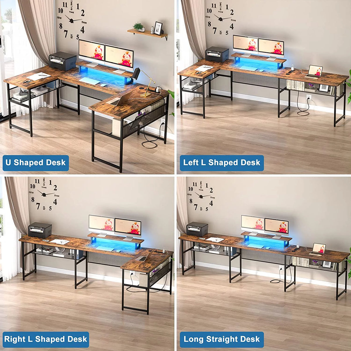 U Shaped Computer Desk with Power Outlet and LED Strip V13729