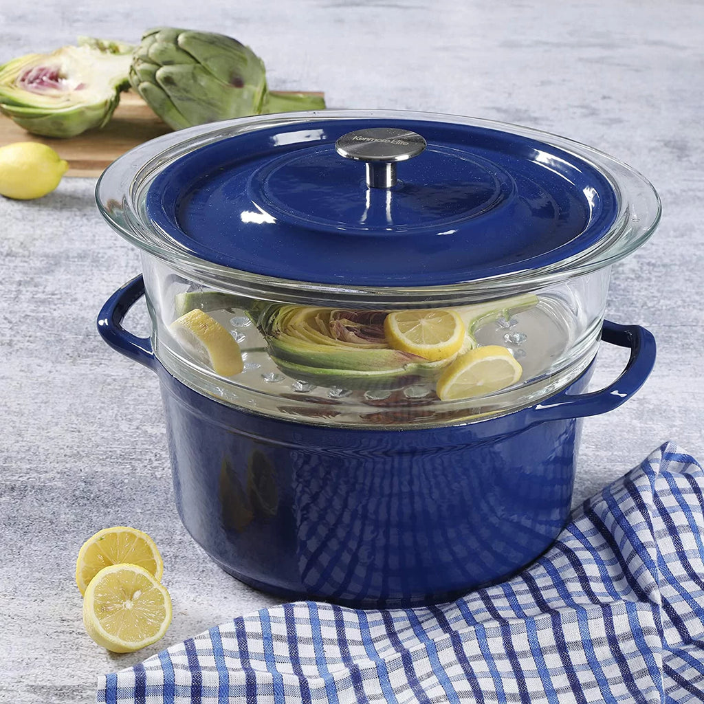 5 Quart Enameled Cast Iron Casserole with Lid and Glass Steamer in Blue L2316