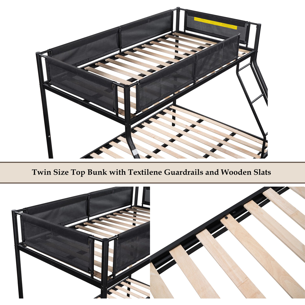 Twin over Full Size Metal Bunk Bed with Trundle and Textilene Guardrail F131573