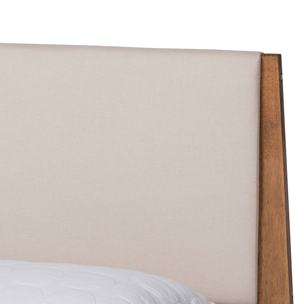 Beige Fabric Upholstered Walnut Brown Wood Queen Size Platform Bed E8405