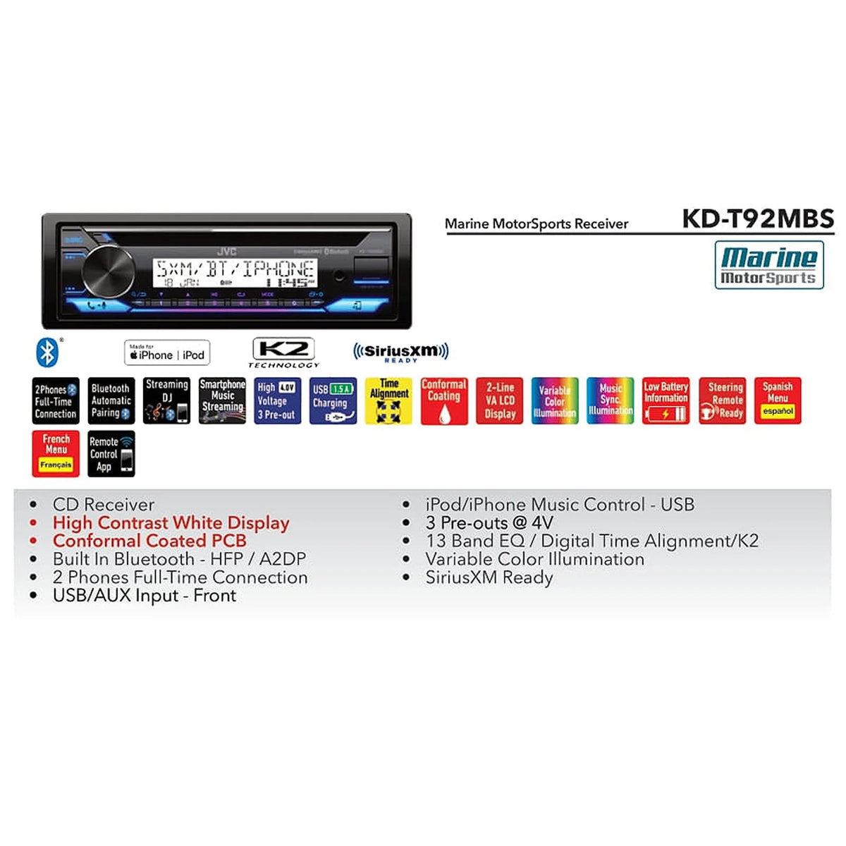 Single DIN Marine Bluetooth AM/FM Radio Stereo Receiver with Dash Protector and Antenna Y455016