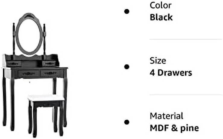White 4 Drawer Vanity Table Set with Oval Mirror & Stool E7094