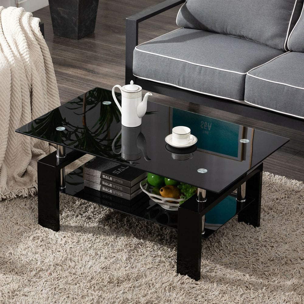 Black Rectangle Glass Coffee Table with Shelf and Wooden Legs G9087