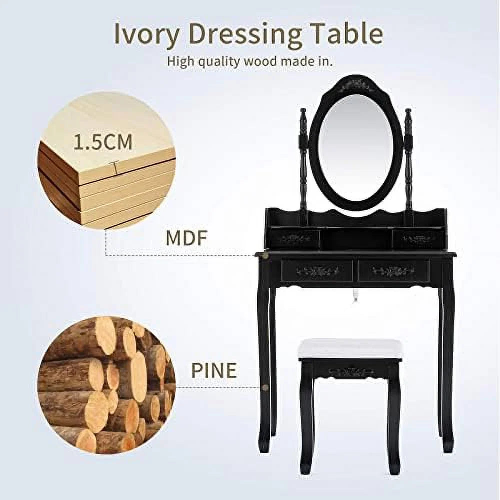 White 4 Drawer Vanity Table Set with Oval Mirror & Stool E7094