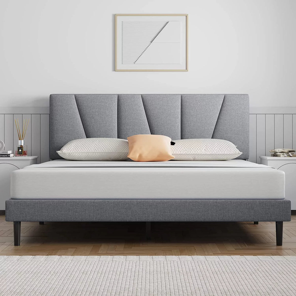 Queen Upholstered Platform Bed Frame with Headboard and Wooden Slats E8321