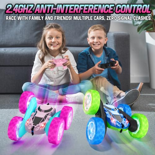 Remote Control Car Double Sided 360° Rotating 4WD Rechargeable Green L7722
