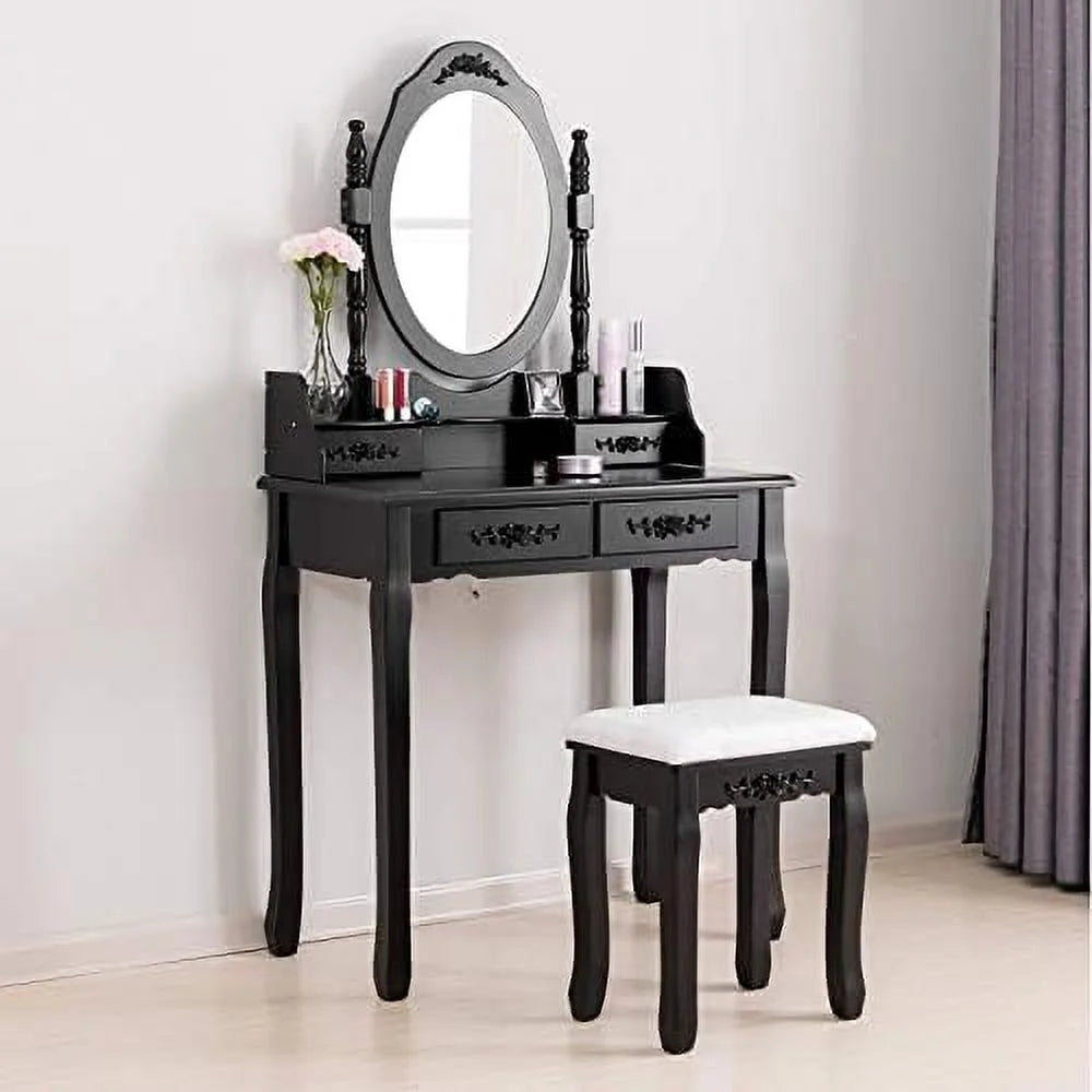 White 4 Drawer Vanity Table Set with Oval Mirror & Stool E7094