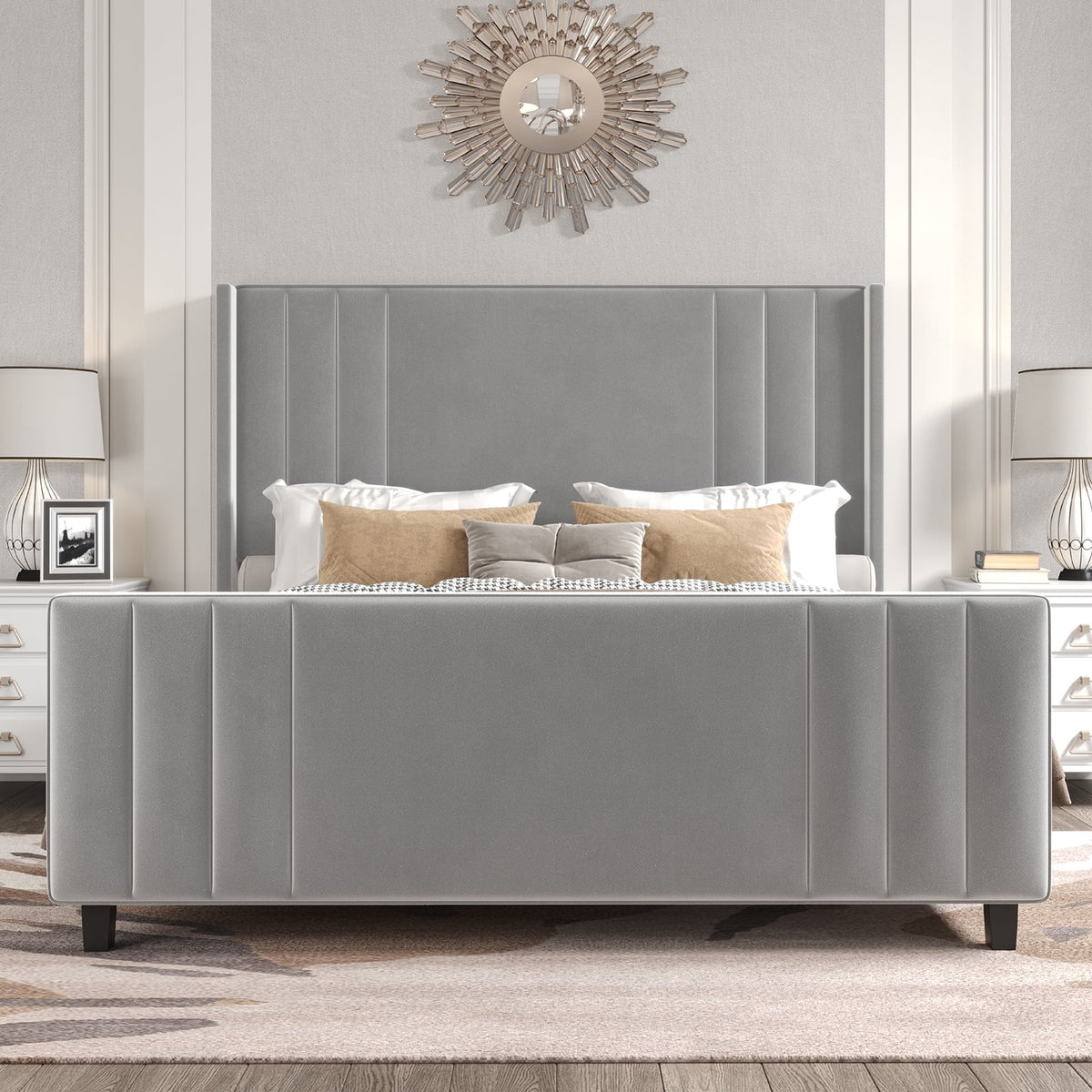 Queen Platform Bed Frame with Vertical Channel, Cream T54176