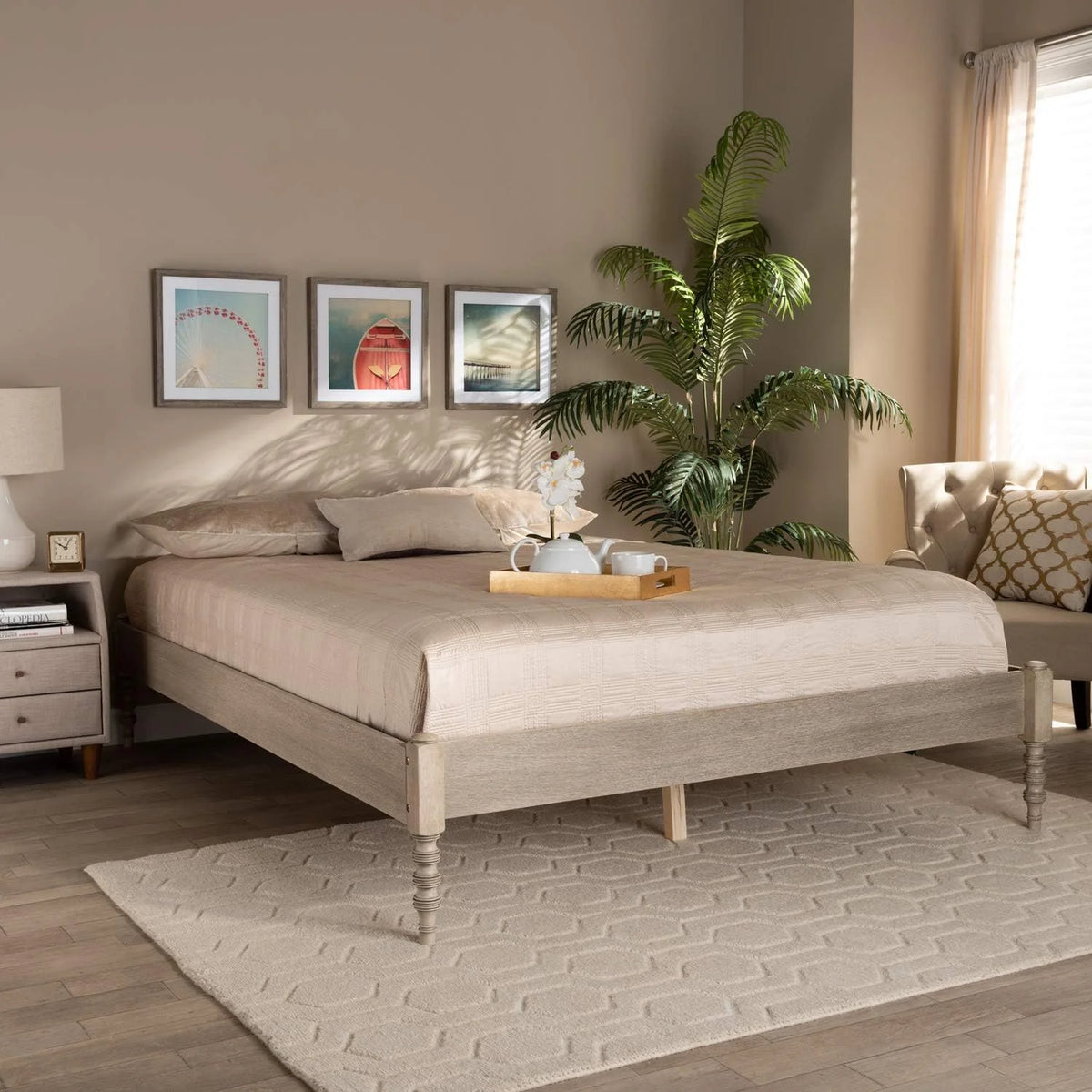 Antique White Oak Wood Full Size Platform Bed Frame S6499