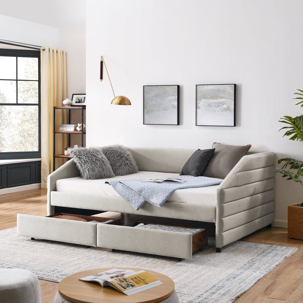 Full Size Upholstered Tufted Linen Daybed with Trundle Q31175