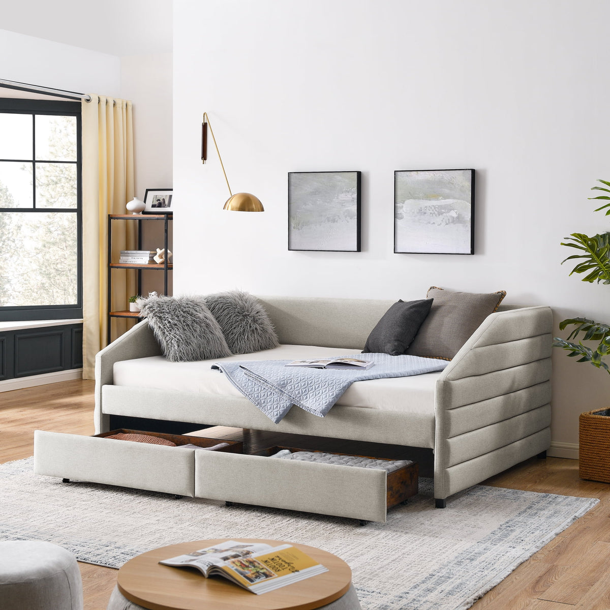 Full Size Upholstered Tufted Linen Daybed with Trundle Q31175
