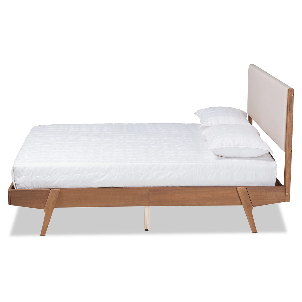 Beige Fabric Upholstered Walnut Brown Wood Queen Size Platform Bed E8405