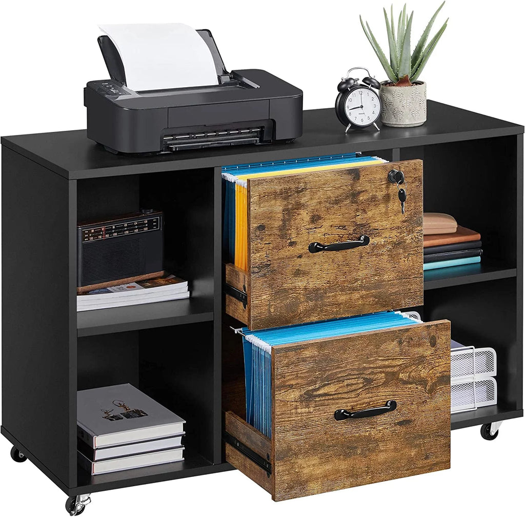 Black Mobile Filing Cabinet with 2 Drawer and 4 Open Compartments X2050