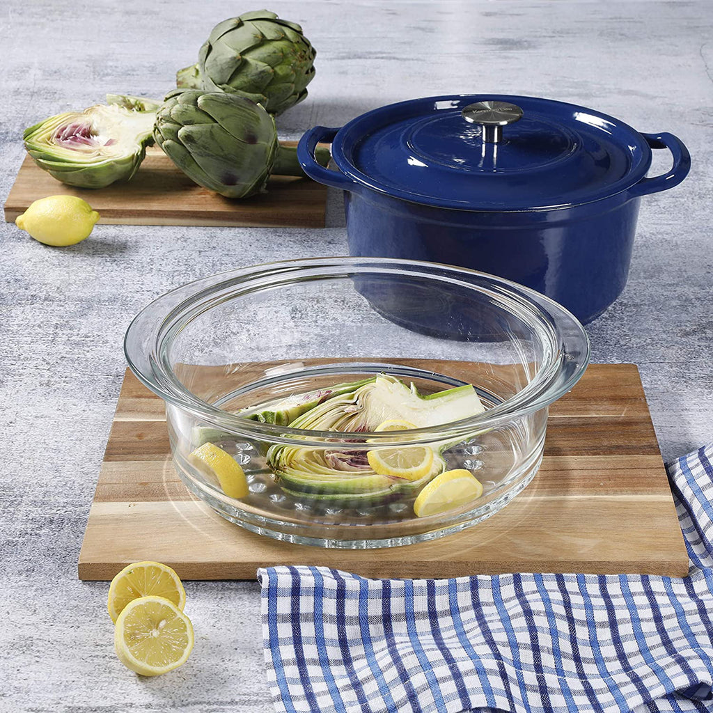 5 Quart Enameled Cast Iron Casserole with Lid and Glass Steamer in Blue L2316