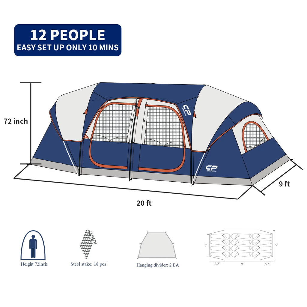 12 Person Waterproof 3 Room Camping Tent U805842