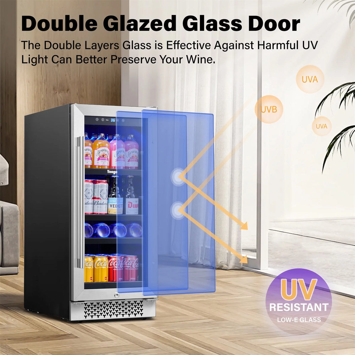 15 Beverage Refrigerator 80 Cans Glass Door Lock T5462