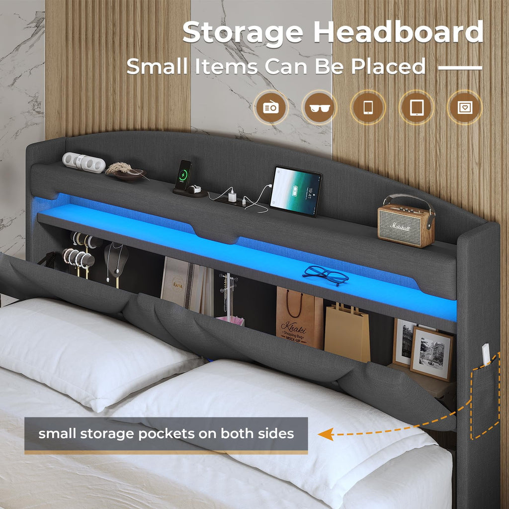 Floating Full Size Upholstered Platform Bed with Storage Headboard X741443