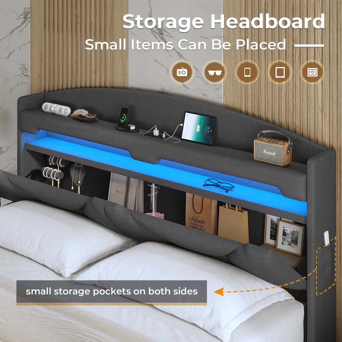Floating Full Size Upholstered Platform Bed with Storage Headboard X741443