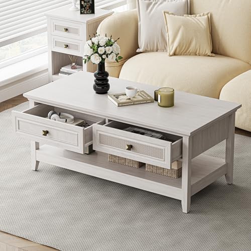 Farmhouse Coffee Table with 2 Rattan Drawers and Storage Shelf I484748