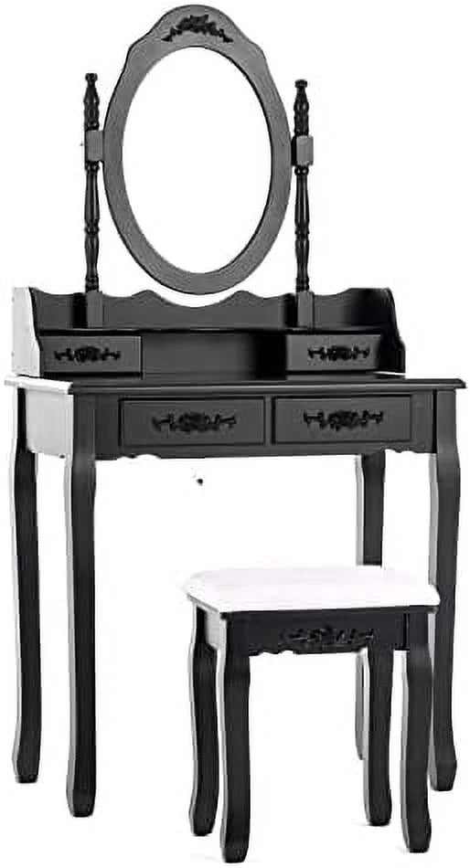 White 4 Drawer Vanity Table Set with Oval Mirror & Stool E7094