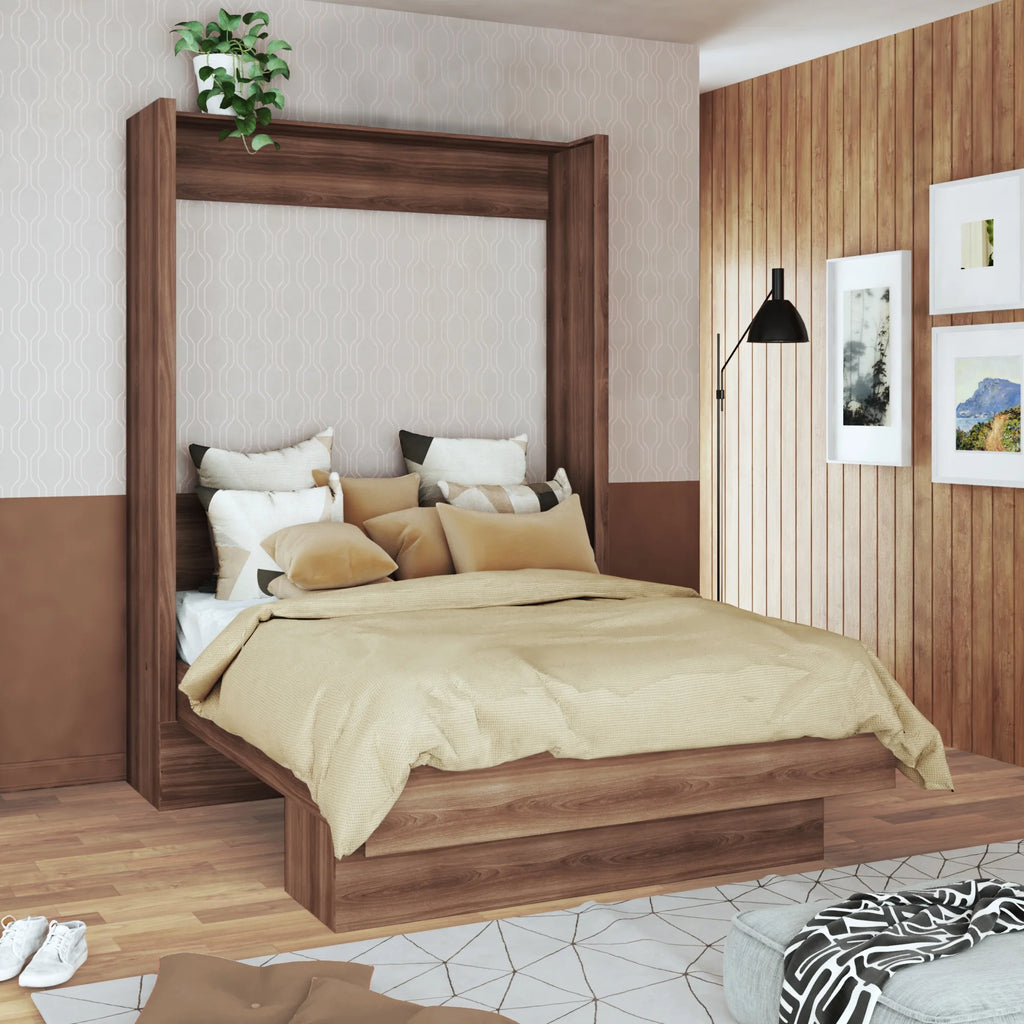 Queen Murphy Wall Bed Natural Brown Wood Grain with Shelf I126