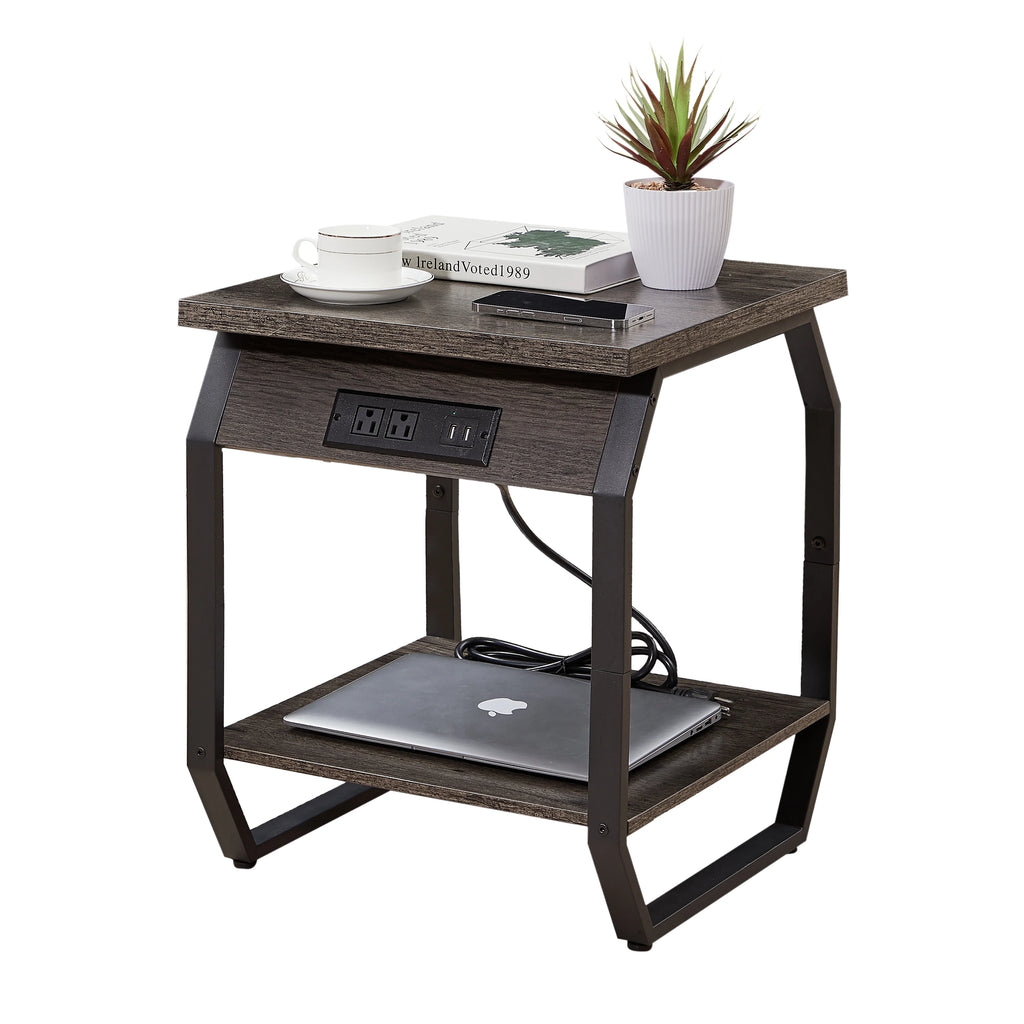 Set of 2 Gray Bedside Tables with Charging Station and Open Shelf Z8811