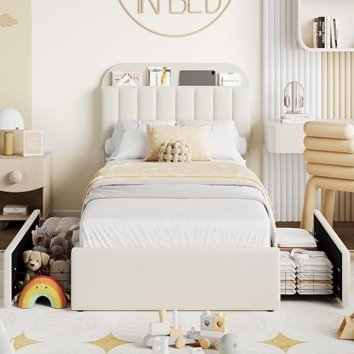 Beige Boucle Upholstered Twin Platform Bed with 2 Drawers U879511