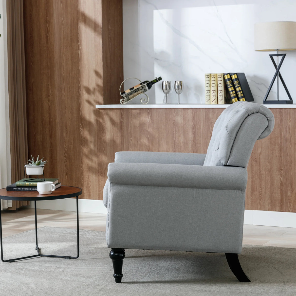 Light Gray Linen Fabric Accent Chair with Button Tufted Back J767