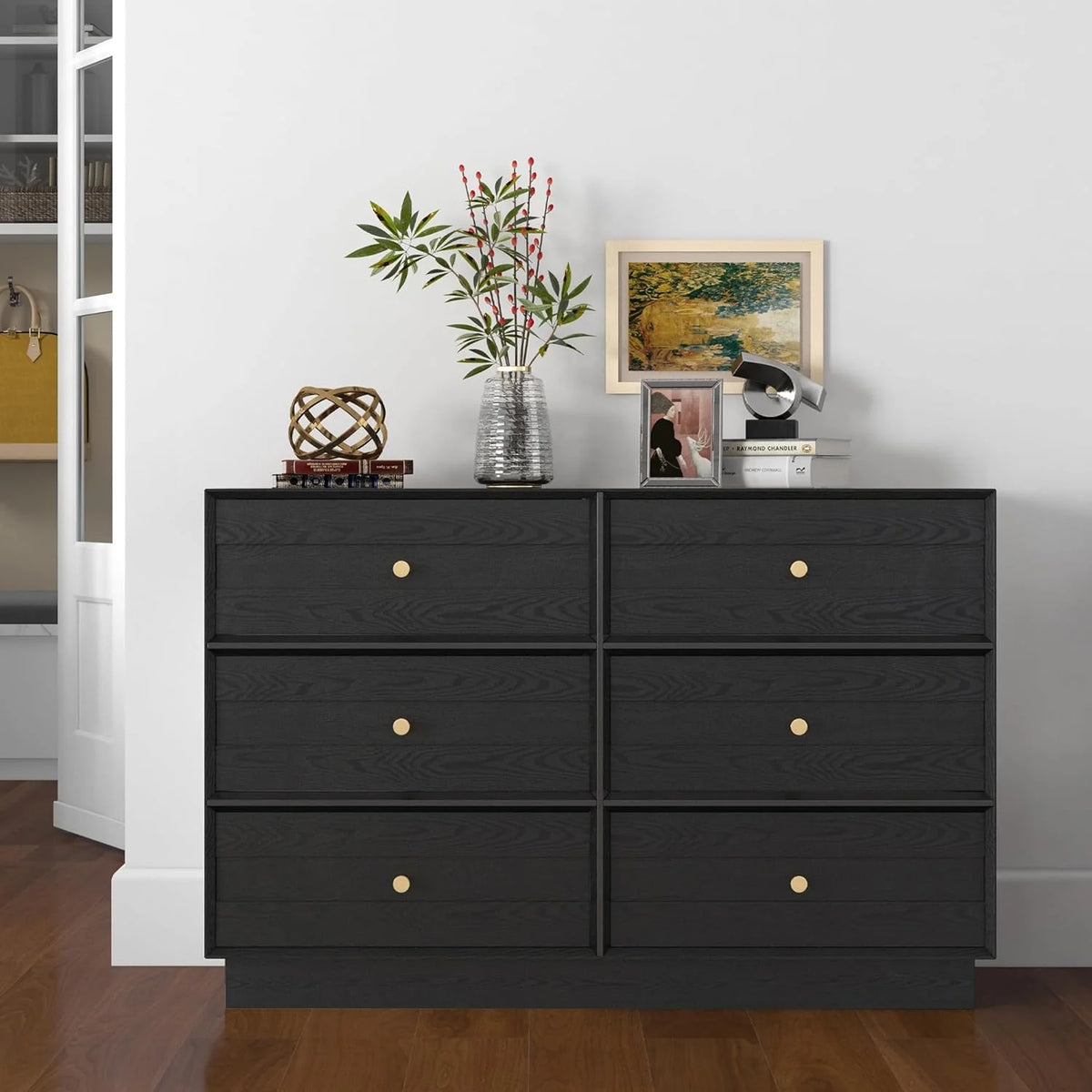 Black 6 Drawer Wood Dresser with Crystal Knobs F514448