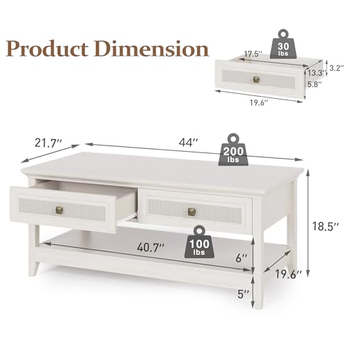 Farmhouse Coffee Table with 2 Rattan Drawers and Storage Shelf I484748