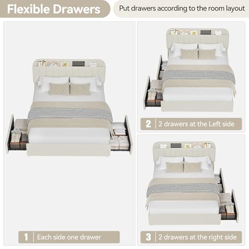 Beige Boucle Upholstered Twin Platform Bed with 2 Drawers U879511