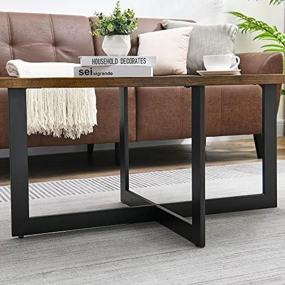 Solid Wood Oval Coffee Table with Cross Metal Legs R826