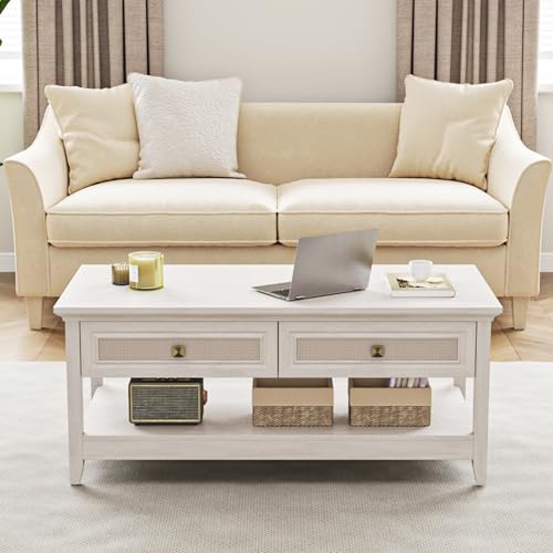 Farmhouse Coffee Table with 2 Rattan Drawers and Storage Shelf I484748