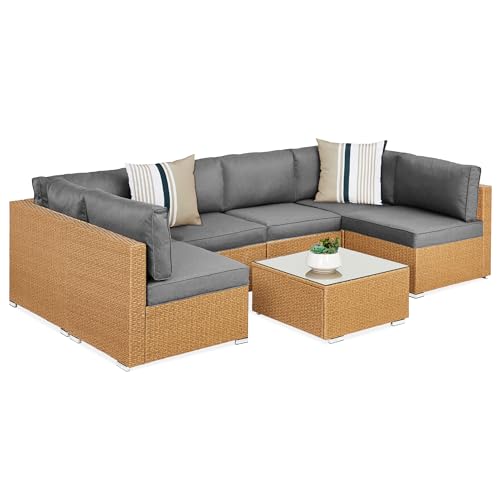 7-Piece Wicker Outdoor Sectional Set with Pillows and Coffee Table D7810