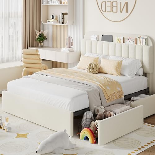 Beige Boucle Upholstered Twin Platform Bed with 2 Drawers U879511