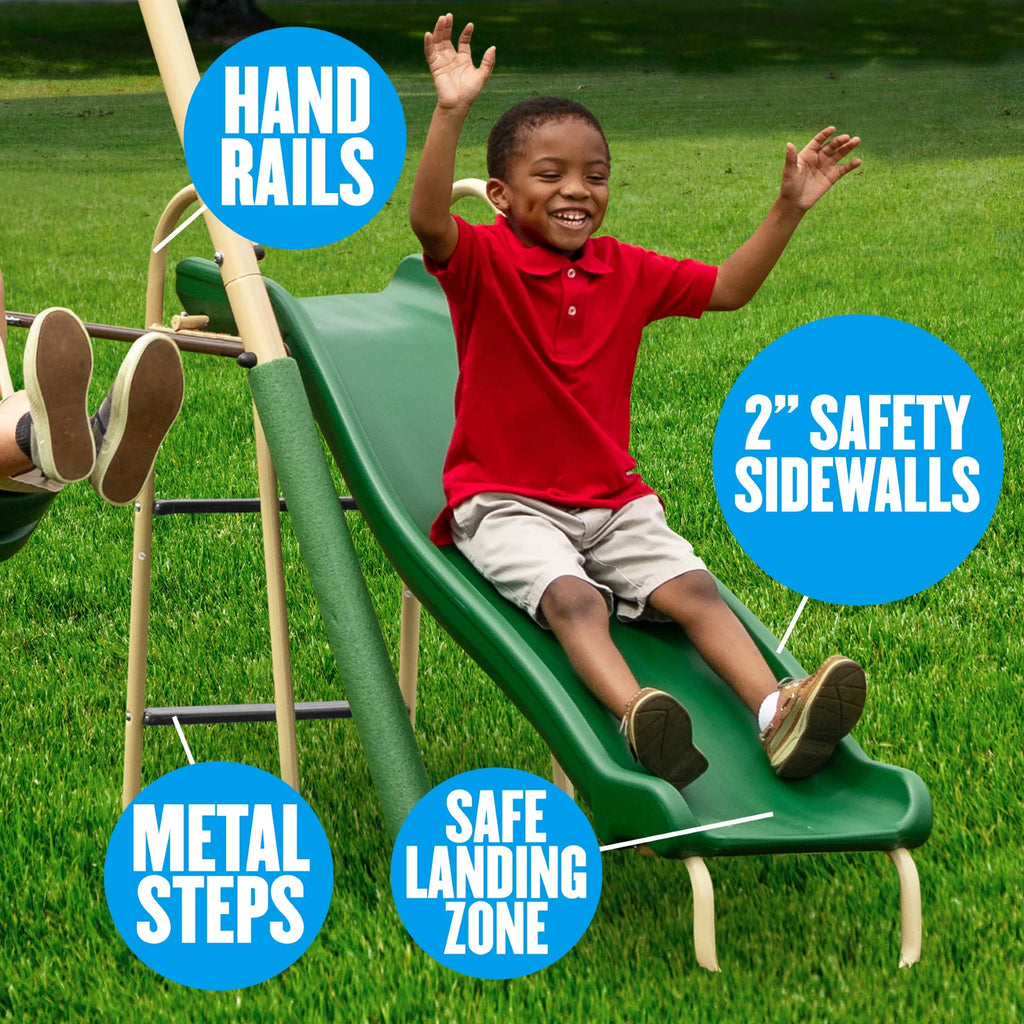 Steel Swing Set with Disc Swing, Swing Seats, Wave Slide Q97550