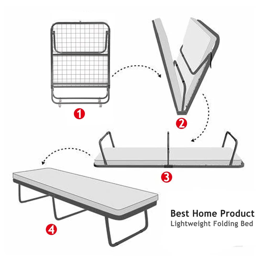 Folding Bed Frame with Wheel, Rollaway Bed with Mattress, Foldable Twin Bed with Memory Foam Mattress N472