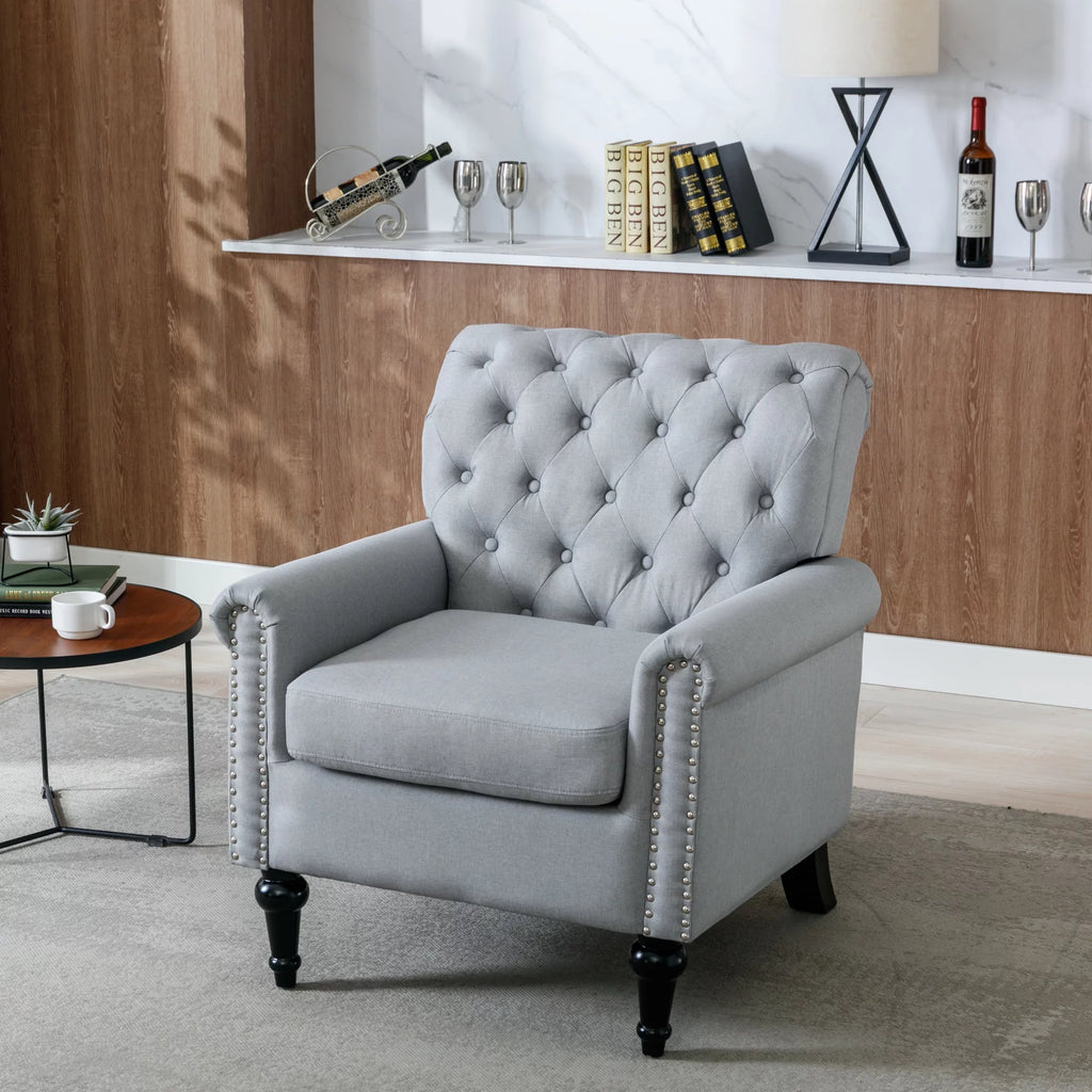 Light Gray Linen Fabric Accent Chair with Button Tufted Back J767