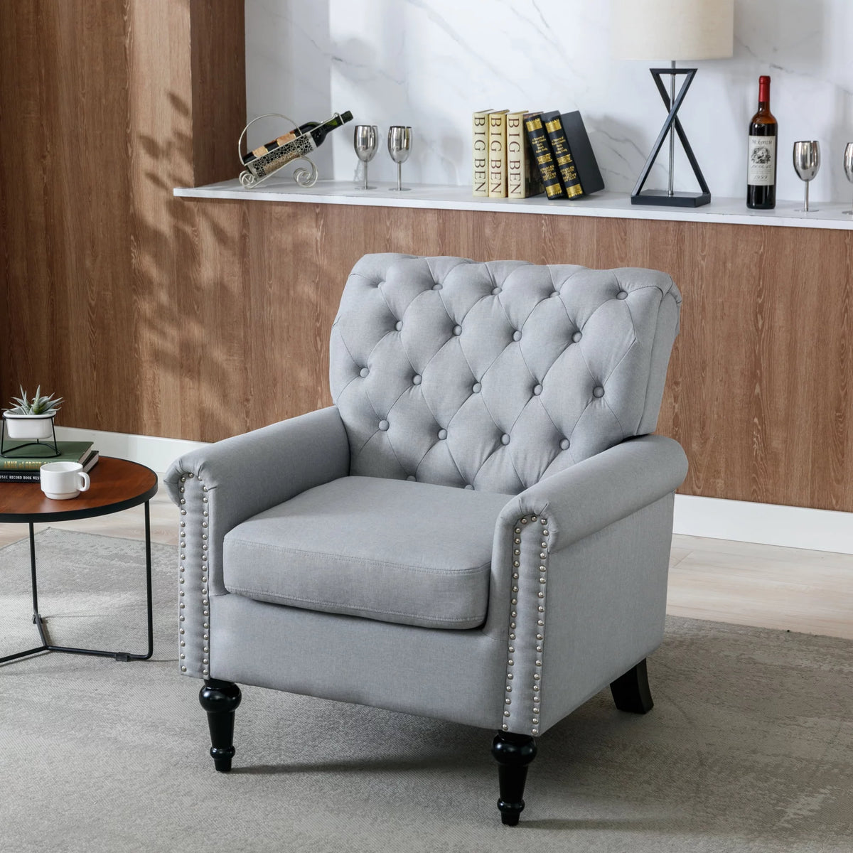 Light Gray Linen Fabric Accent Chair with Button Tufted Back J767