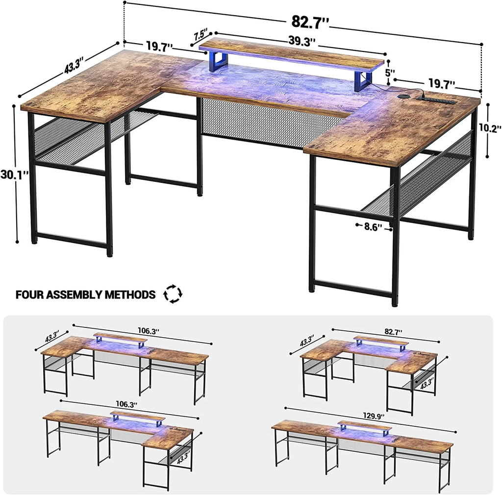U Shaped Computer Desk with Power Outlet and LED Strip V13729