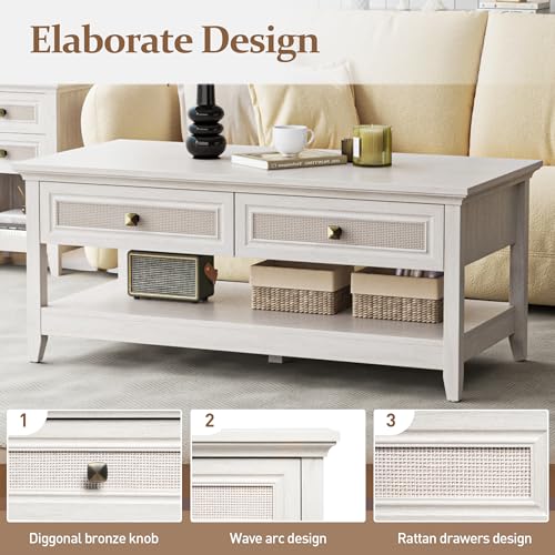 Farmhouse Coffee Table with 2 Rattan Drawers and Storage Shelf I484748
