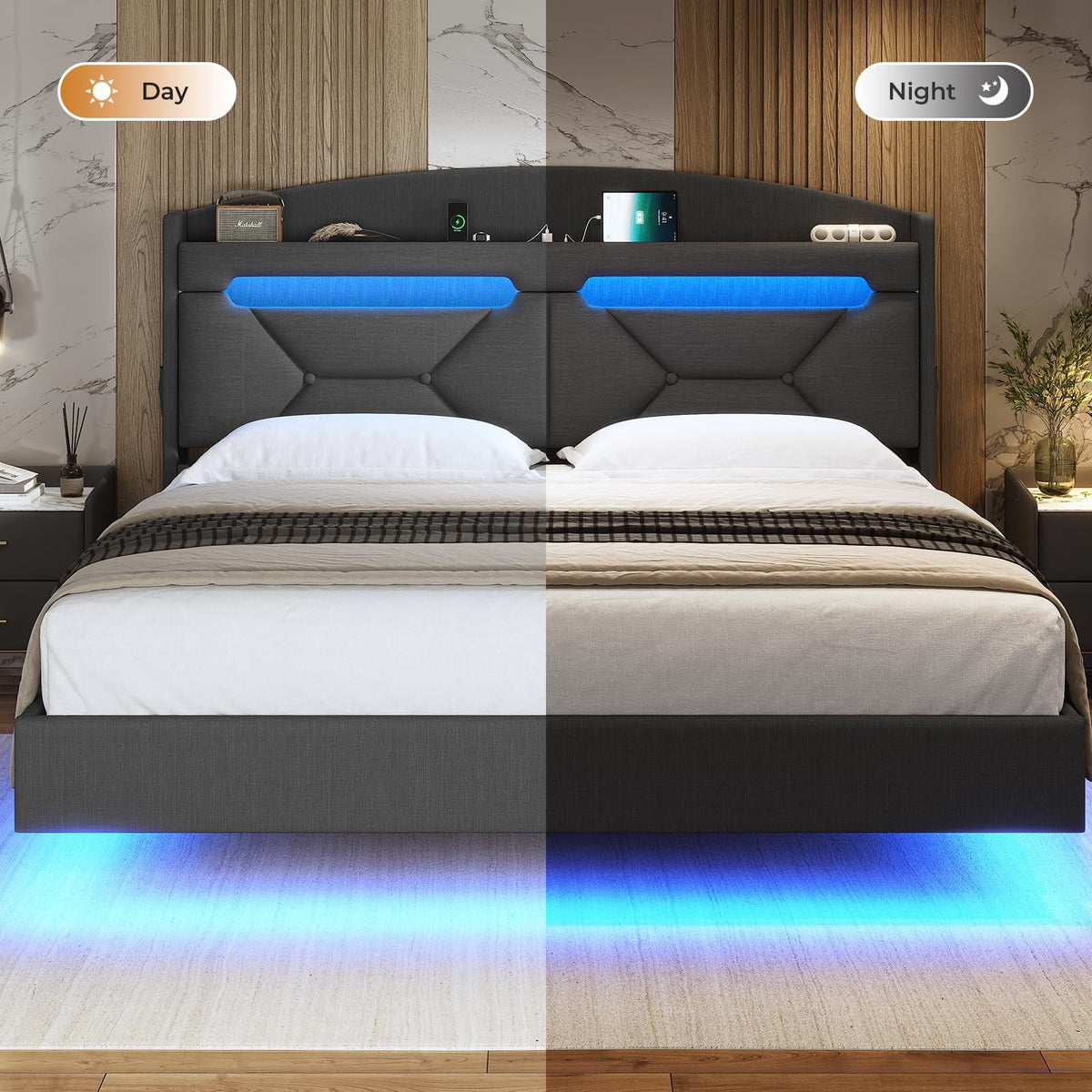 Floating Full Size Upholstered Platform Bed with Storage Headboard X741443