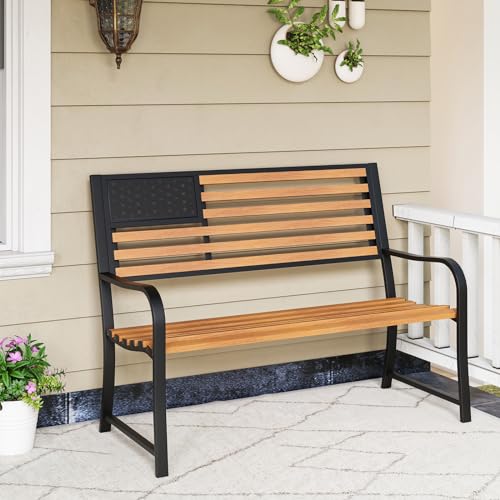 50” 2-Person Metal Patio Bench with Flag Pattern Backrest E406