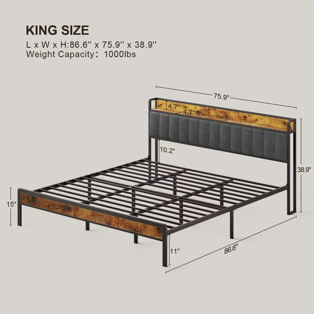 King Size Metal Bed Frame with Storage Headboard T5287