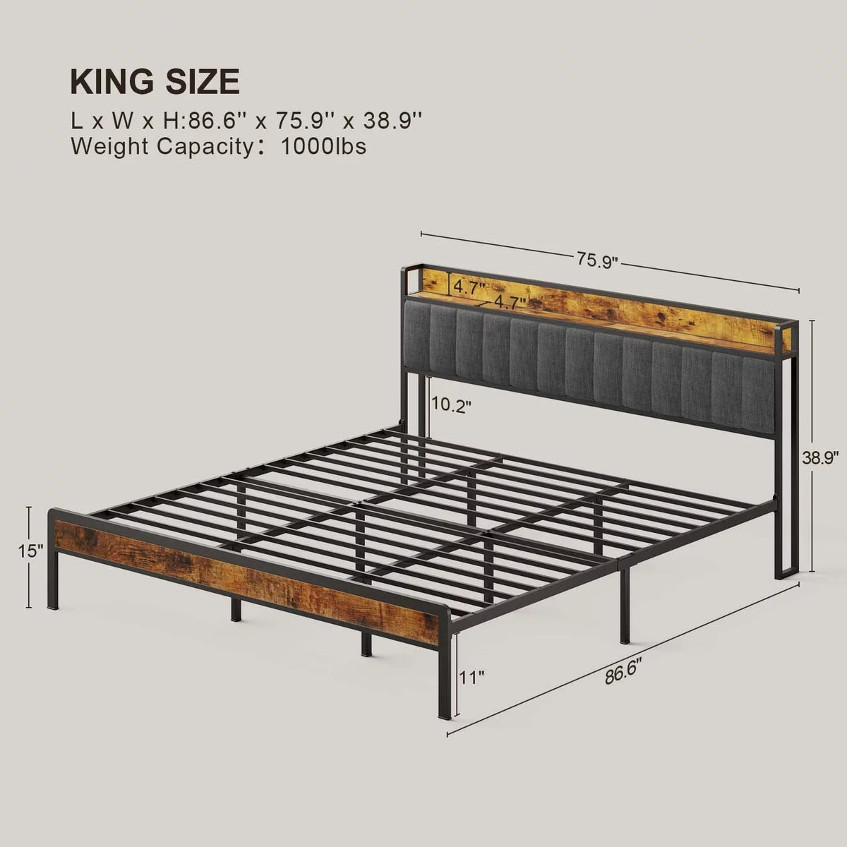 King Size Metal Bed Frame with Storage Headboard T5287