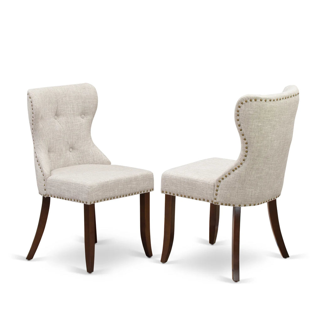Wooden Dining Table Set of 6 Linen Fabric Chairs Mahogany K9264
