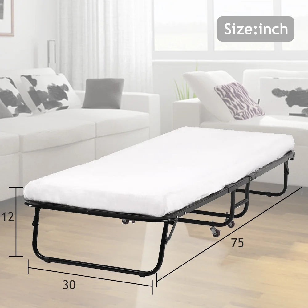 Folding Bed Frame with Wheel, Rollaway Bed with Mattress, Foldable Twin Bed with Memory Foam Mattress N472