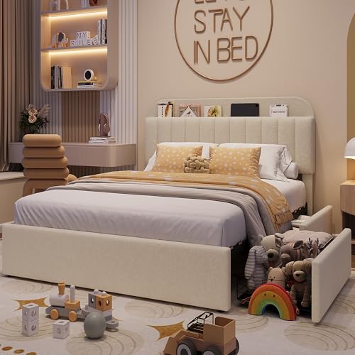 Beige Boucle Upholstered Twin Platform Bed with 2 Drawers U879511