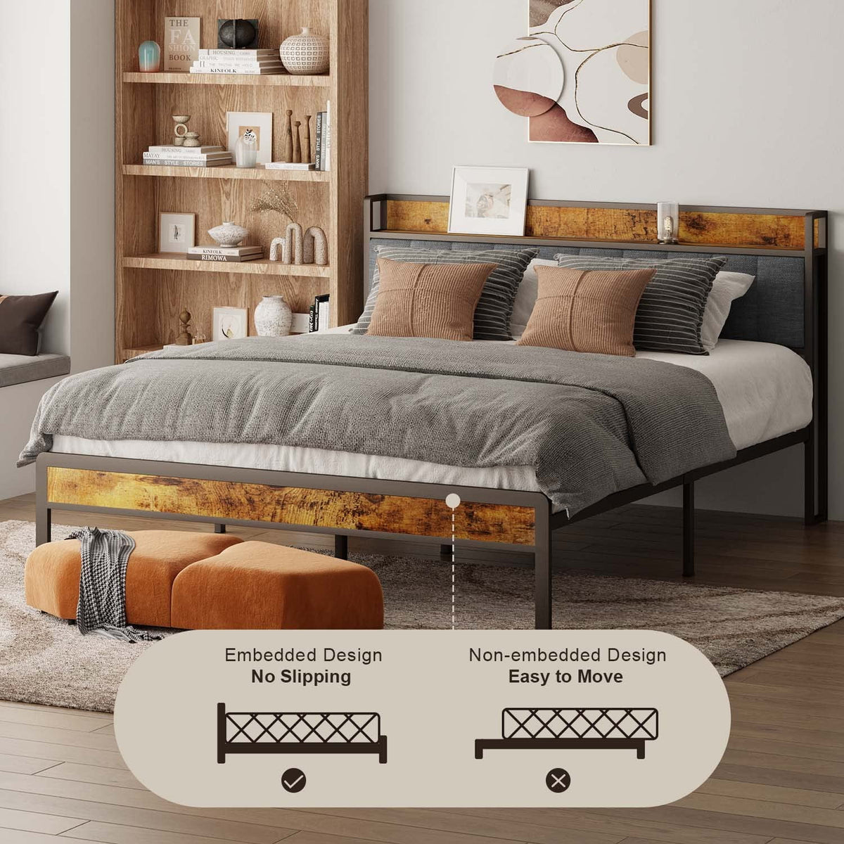 King Size Metal Bed Frame with Storage Headboard T5287